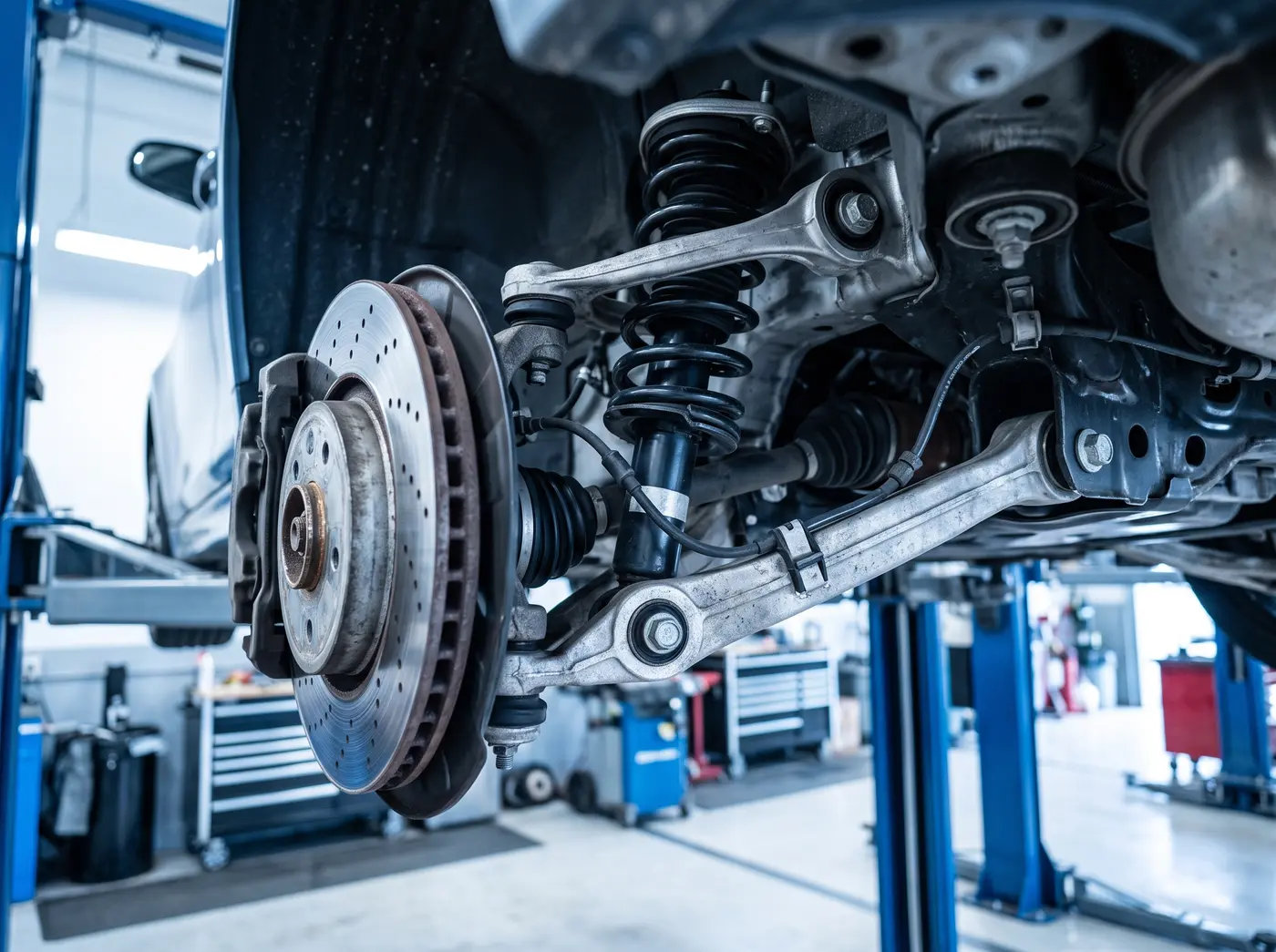 Fahrwerk eines Fahrzeugs auf der Hebebühne mit Bremsscheibe, Federbein und Querlenker