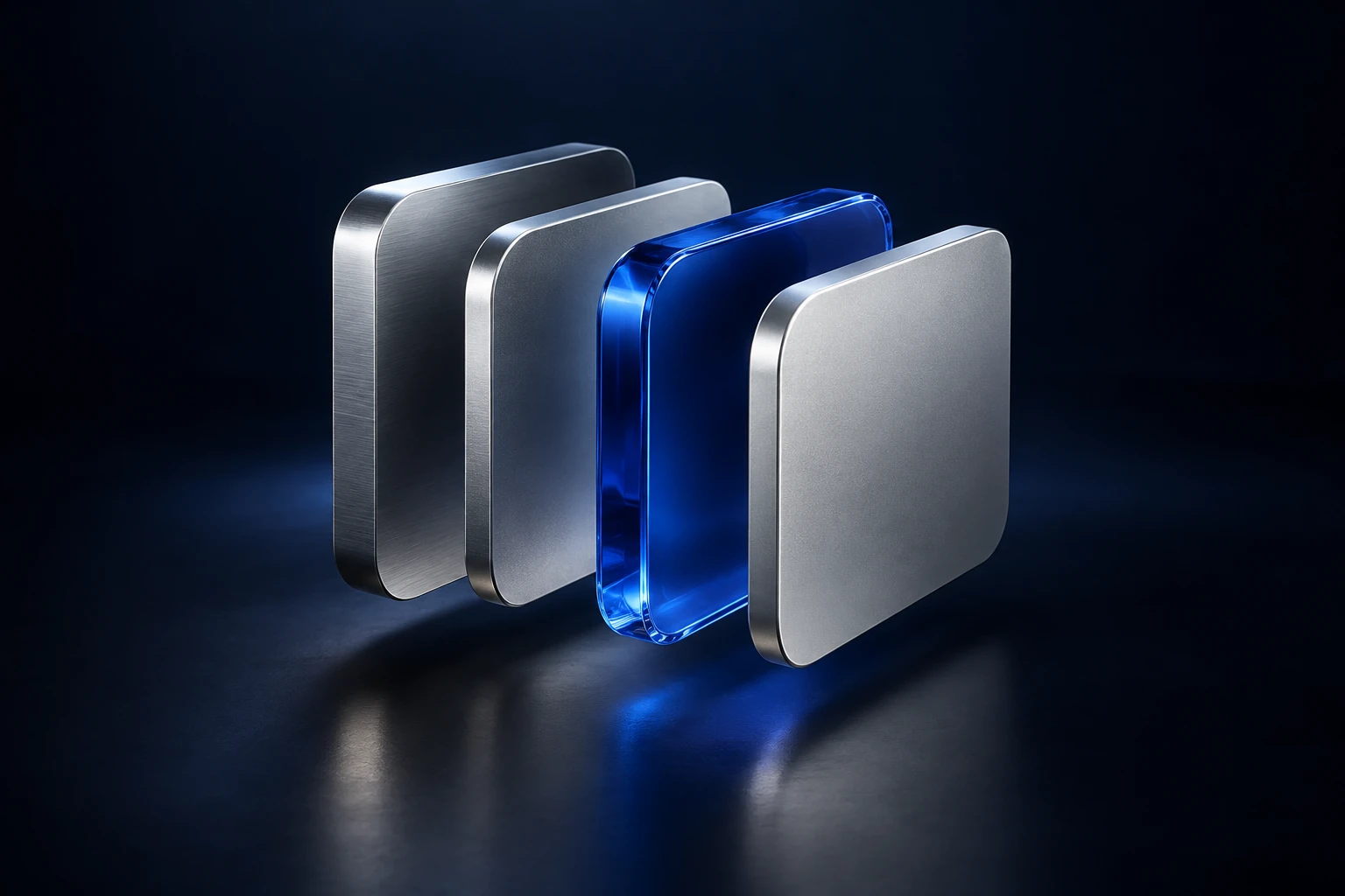 Abstrakte Illustration: präzise Metallflächen mit einer hervorgehobenen blauen Glasfläche